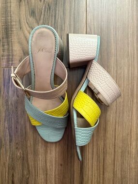 J. Crew Colorblock Croc-Texture Block Heel Sandals in Yellow, Pale Blue & Blush